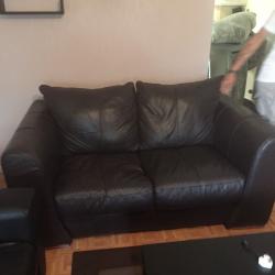 Brown 2 seater sofa and 2 green fabric arm chair