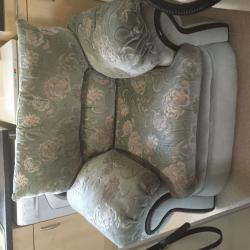 Brown 2 seater sofa and 2 green fabric arm chair