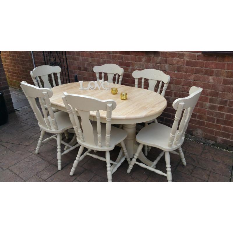 shabby chic ,solid wood extending table with 6 chairs