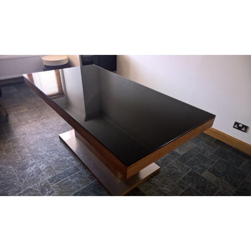 Large, Black Glass and Wood Kitchen/Dining Table