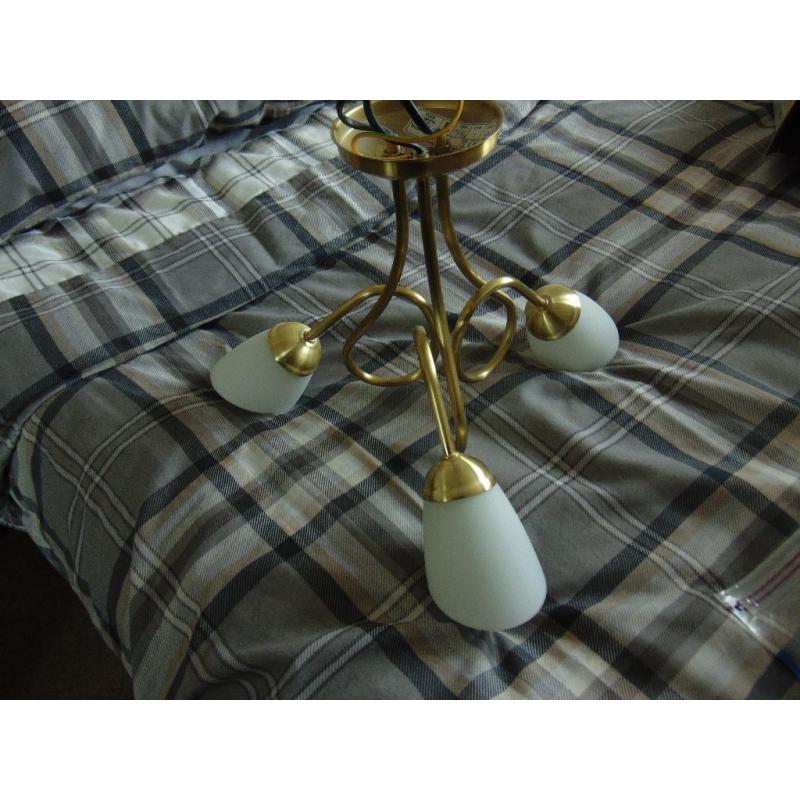 Satin gold finish ceiling light with 3 glass shades and led low energy candle bulbs ex con