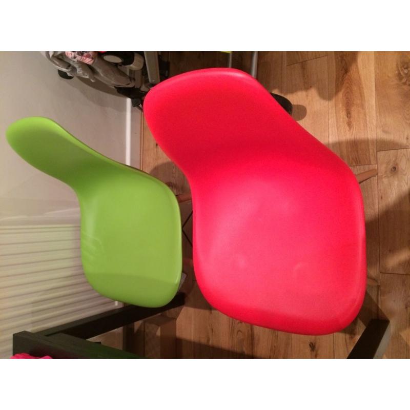 Charles Eames style plastic chairs x3 in red, blue, green