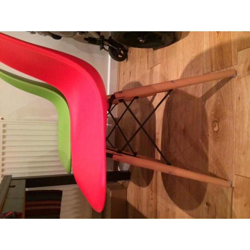 Charles Eames style plastic chairs x3 in red, blue, green