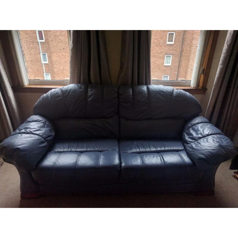 3 Seater Blue Leather Sofa - Good Condition.