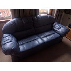 3 Seater Blue Leather Sofa - Good Condition.