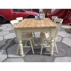 Shabby Chic Solid Pine Farmhouse Country Oblong Table and 4 Chairs In Farrow & Ball Cream No 67