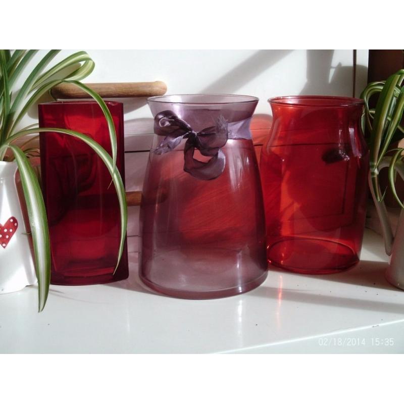 3 coloured glass vases / candle holders, 19x14cm