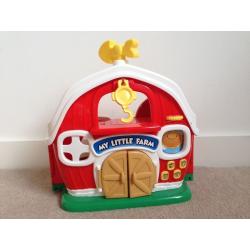 Little people barn with farm animals, hay, farmer and tractor, has buttons/sounds/music