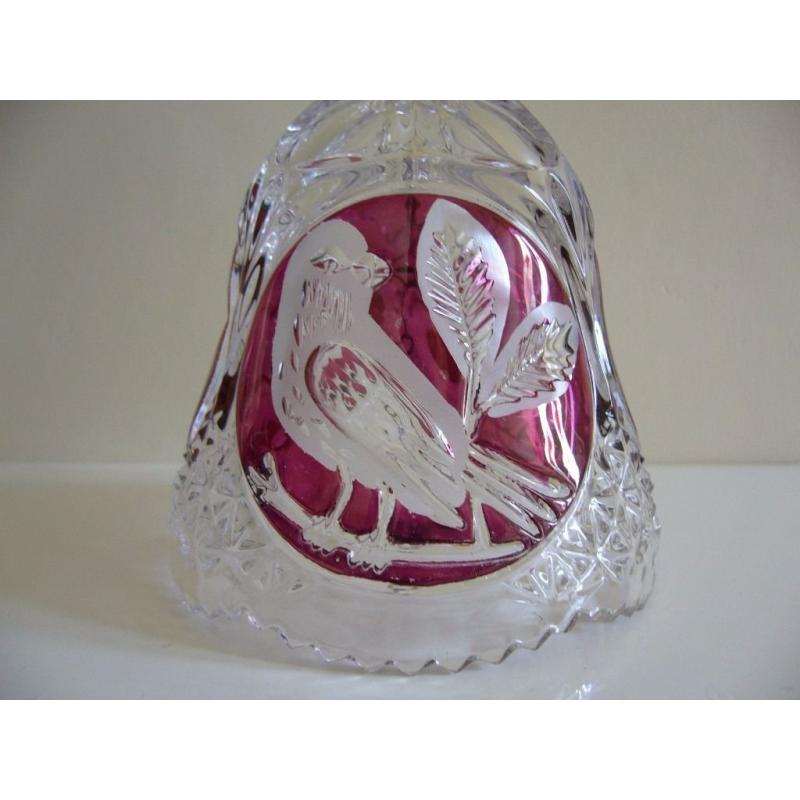 Cut glass crystal Hofbauer hand bell with ruby red colour accent around bird / Used