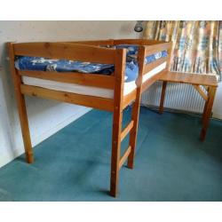 Pine mid-sleeper bed with pull-out desk/side table with instructions