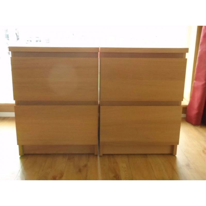 TWO, AS NEW, IKEA OAK VENEER BEDSIDE CHEST OF DRAWERS.