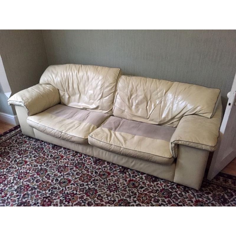 Italian Cream Leather Sofa & Armchair