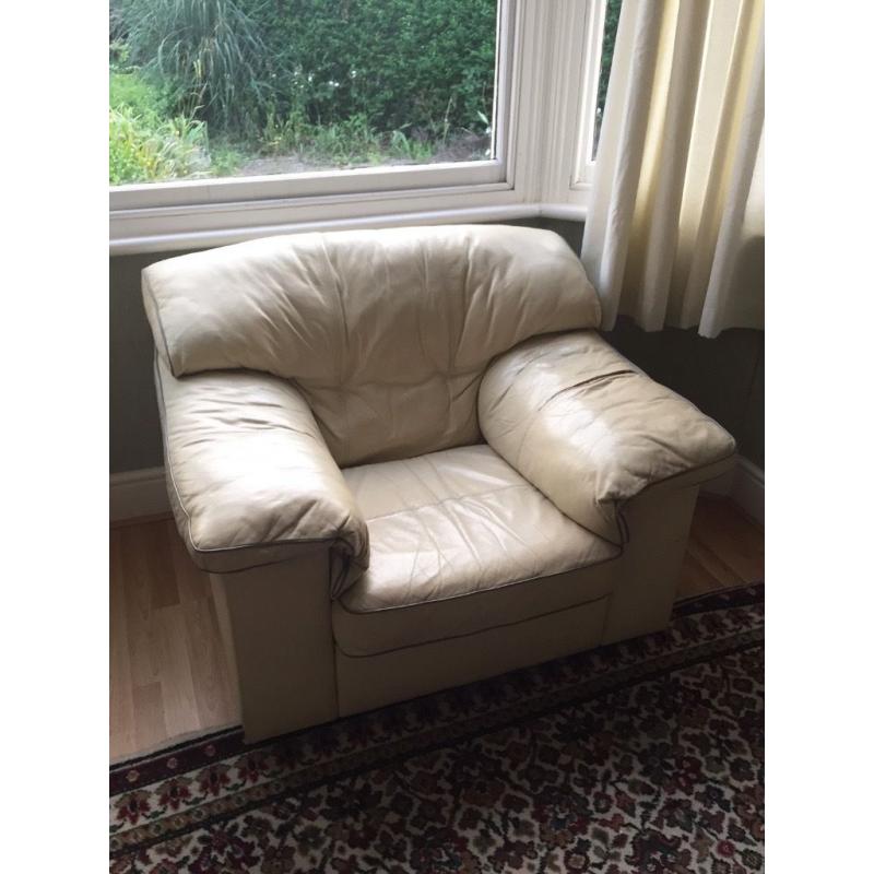 Italian Cream Leather Sofa & Armchair