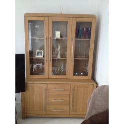 Display Glass Cabinet oak effect with lighting 2 cupboards and 3 draws.