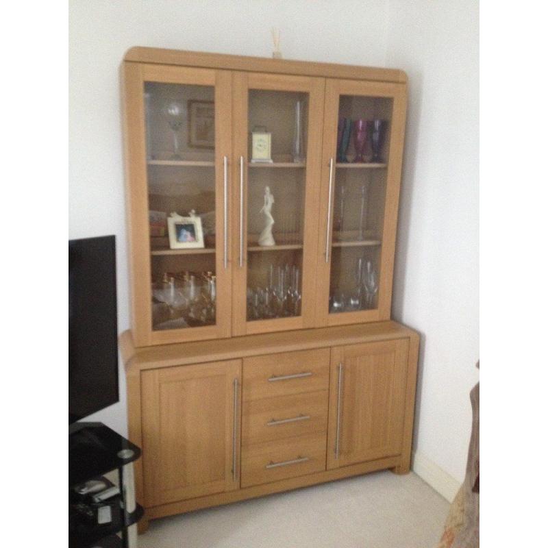 Display Glass Cabinet oak effect with lighting 2 cupboards and 3 draws.