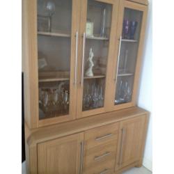 Display Glass Cabinet oak effect with lighting 2 cupboards and 3 draws.