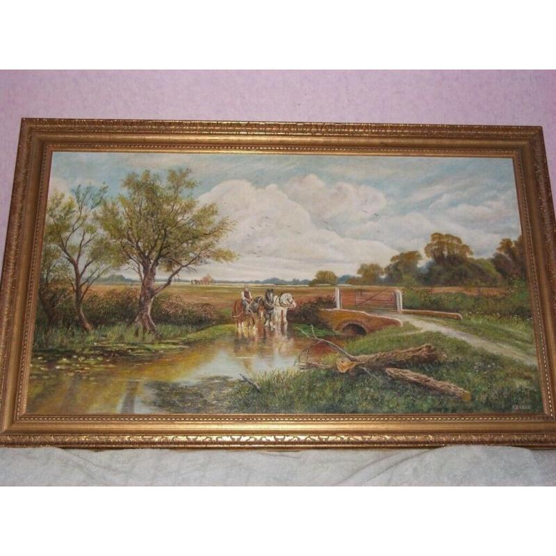 Large Framed picture Horses water Gate by K Bobin 29 x 47 inches oil on board