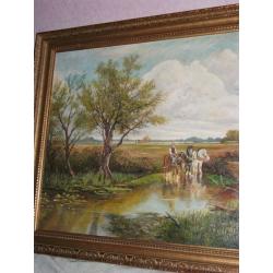 Large Framed picture Horses water Gate by K Bobin 29 x 47 inches oil on board