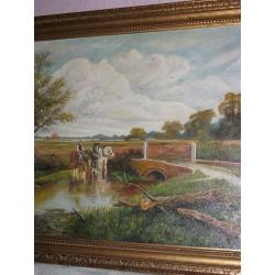 Large Framed picture Horses water Gate by K Bobin 29 x 47 inches oil on board